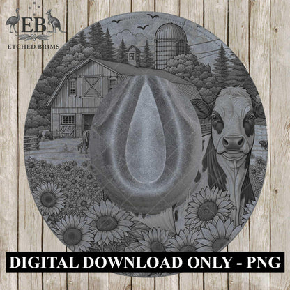 Farm Dairy Cow and Sunflowers 6, Hat Burning Design, Digital Download PDF & PDF Hand Burning, Wide Brim Hat, Printable Hat Template, EB610