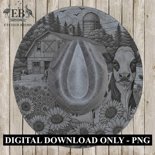 Farm Dairy Cow and Sunflowers 6, Hat Burning Design, Digital Download PDF & PDF Hand Burning, Wide Brim Hat, Printable Hat Template, EB610