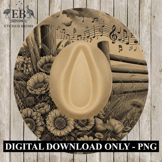 Wildflowers & Country Music, Hat Engraving Design, Laser Pyrography Template, PNG PDF, EB1056