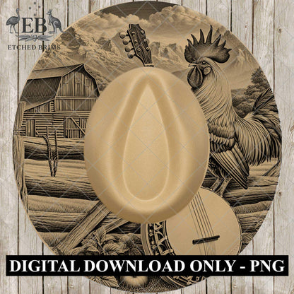 Rooster Banjo Western Hat Template, Country Barn Brim Laser Engraving File, EB1016