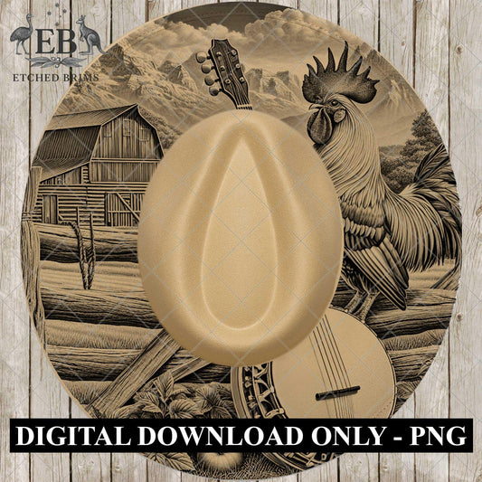 Rooster Banjo Western Hat Template, Country Barn Brim Laser Engraving File, EB1016