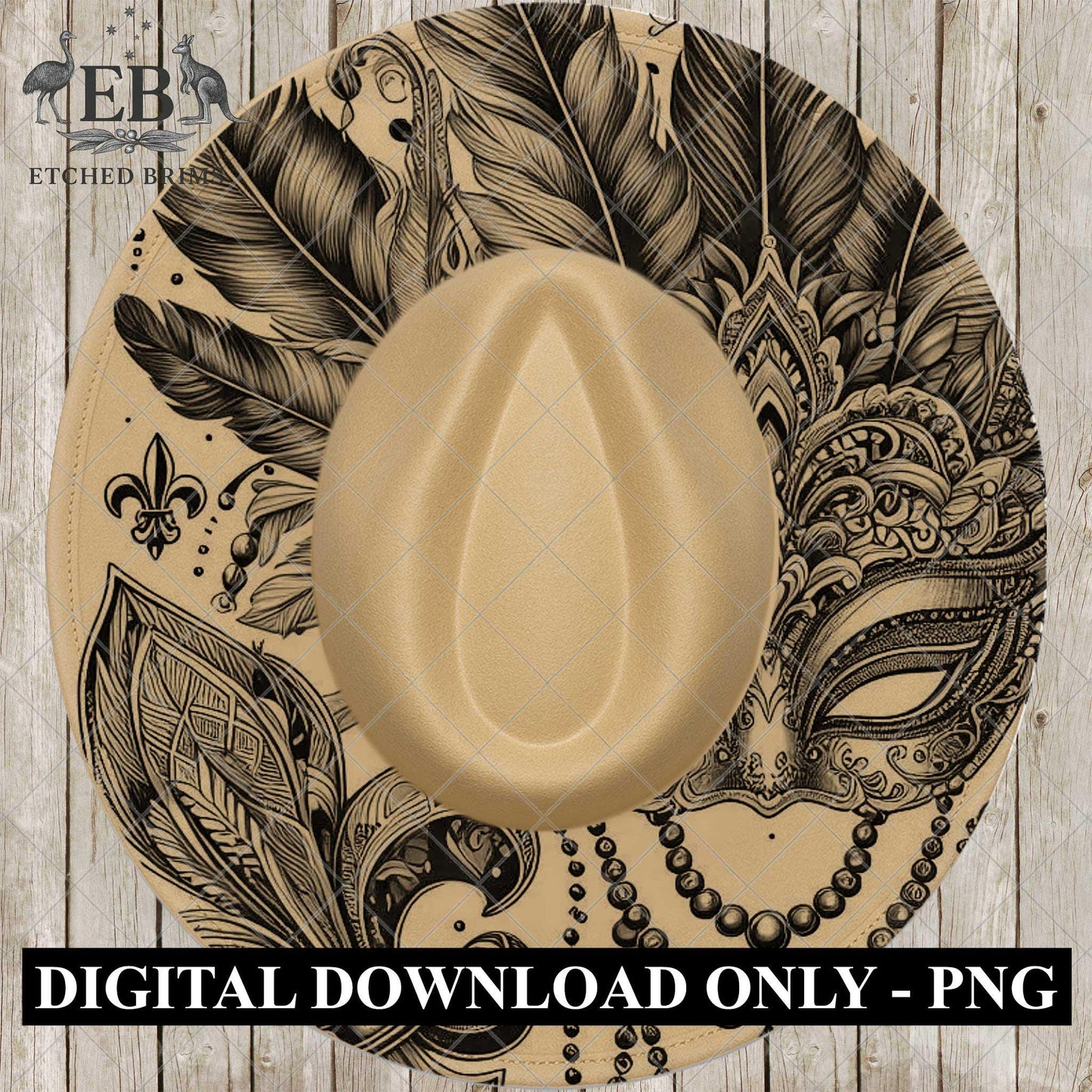 Mardi Gras Festival Mask Hat Burning Design, Laser Engraving Template, Fleur-De-Lis, Western Cowboy Hat EB980