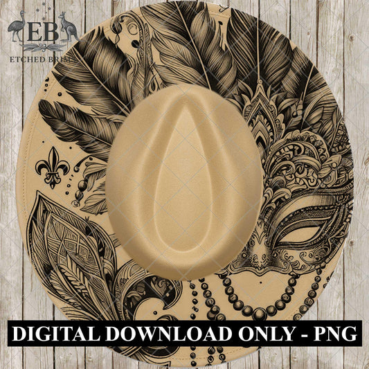 Mardi Gras Festival Mask Hat Burning Design, Laser Engraving Template, Fleur-De-Lis, Western Cowboy Hat EB980