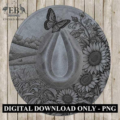 Sunflowers & Butterfly, Hat Burning Template, Hat Burning Stencil, Hat Laser Engraving Design, Wide Brim Hat, Printable Hat Template, EB579