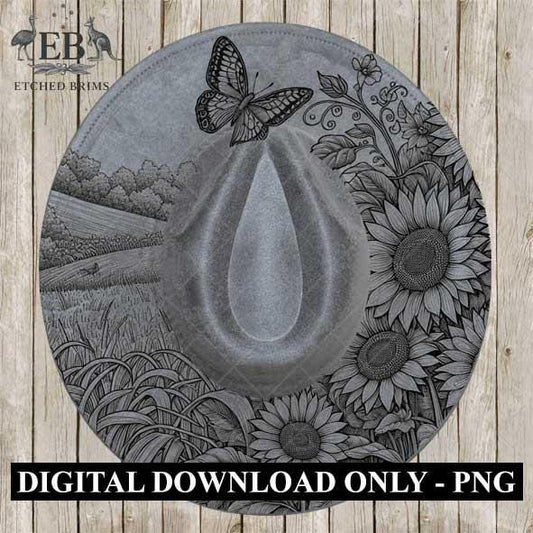 Sunflowers & Butterfly, Hat Burning Template, Hat Burning Stencil, Hat Laser Engraving Design, Wide Brim Hat, Printable Hat Template, EB579