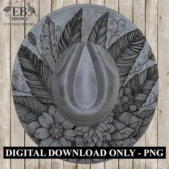 Boho Flowers & Feather, Laser Hat Burning Design, Digital Download PNG, Hat Burning Template, Hat Laser Engraving Design, Wide Brim Hat EB19