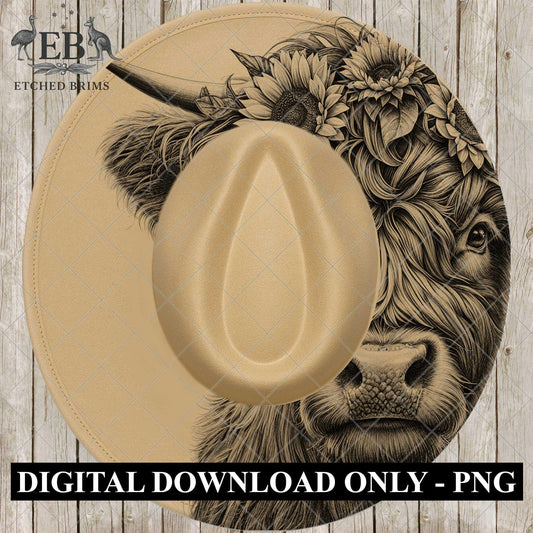 Hat Engraving Template: Highland Cow with Sunflowers - Laser Ready, EB856
