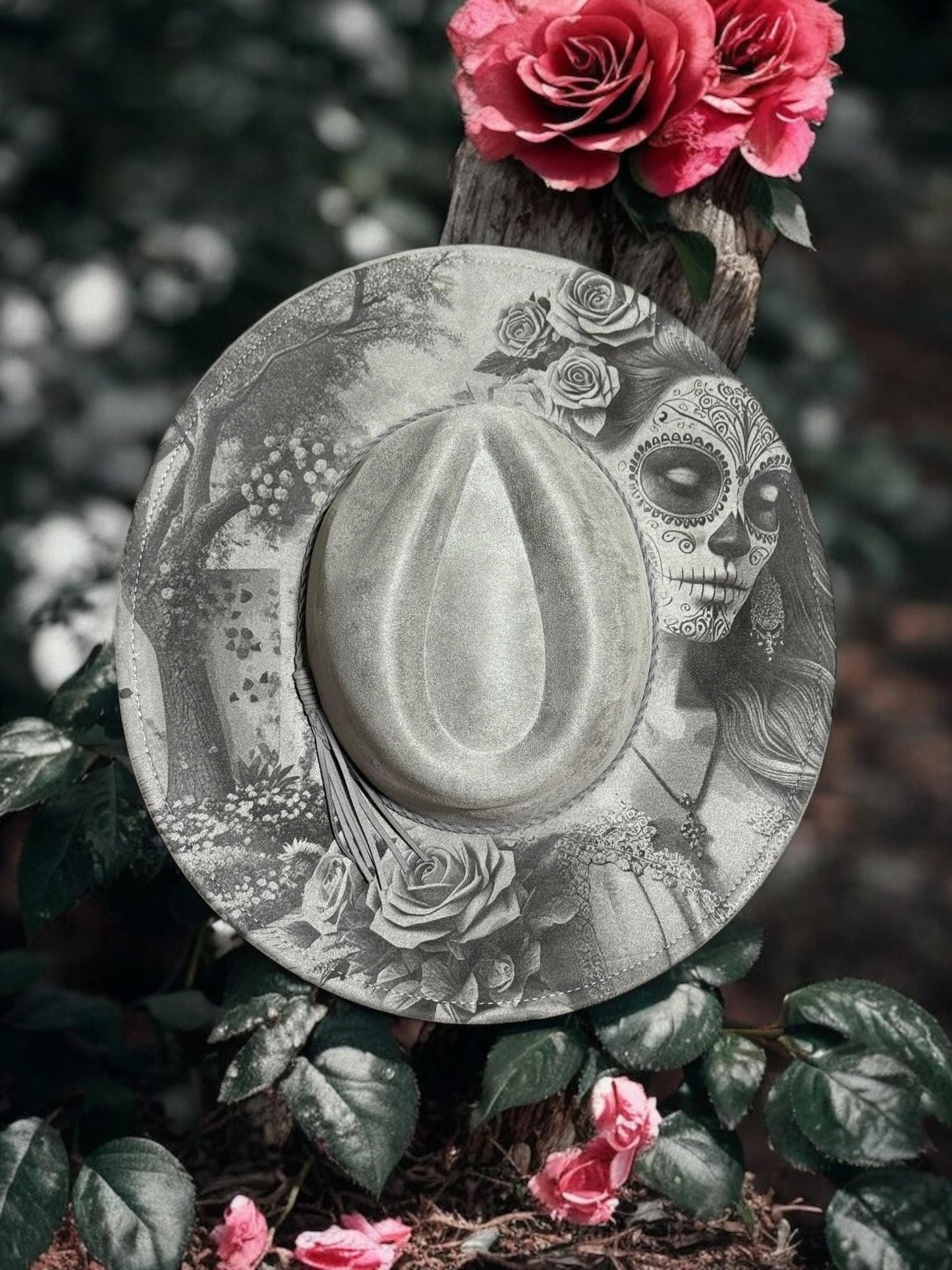 Eternal Bloom Engraved Hat – Sugar Skull & Floral Boho Design, Hand-Burned Brim, Western Boho Hat, Unique Festival Fashion