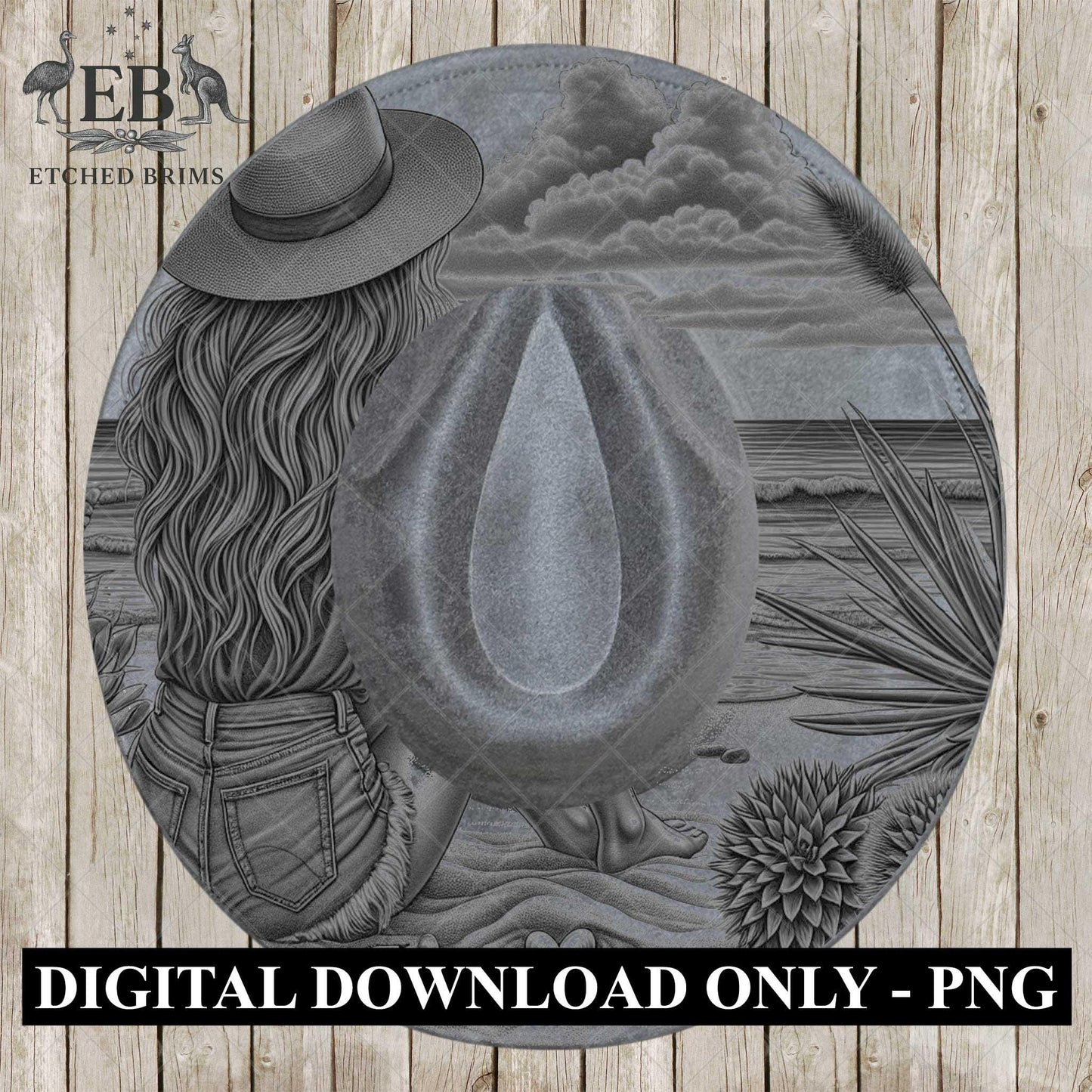 Coastal Beach Cowgirl 7, Hat Burning Design, Digital Download PNG, Hand Burning Template, Hat Laser Engraving Design, Wide Brim Hat, EB598