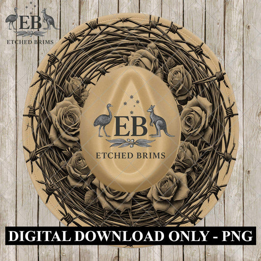 Barb Wire and Roses, Hat Engraving, Western Floral Laser Burning Template (Digital Download PNG), EB1102
