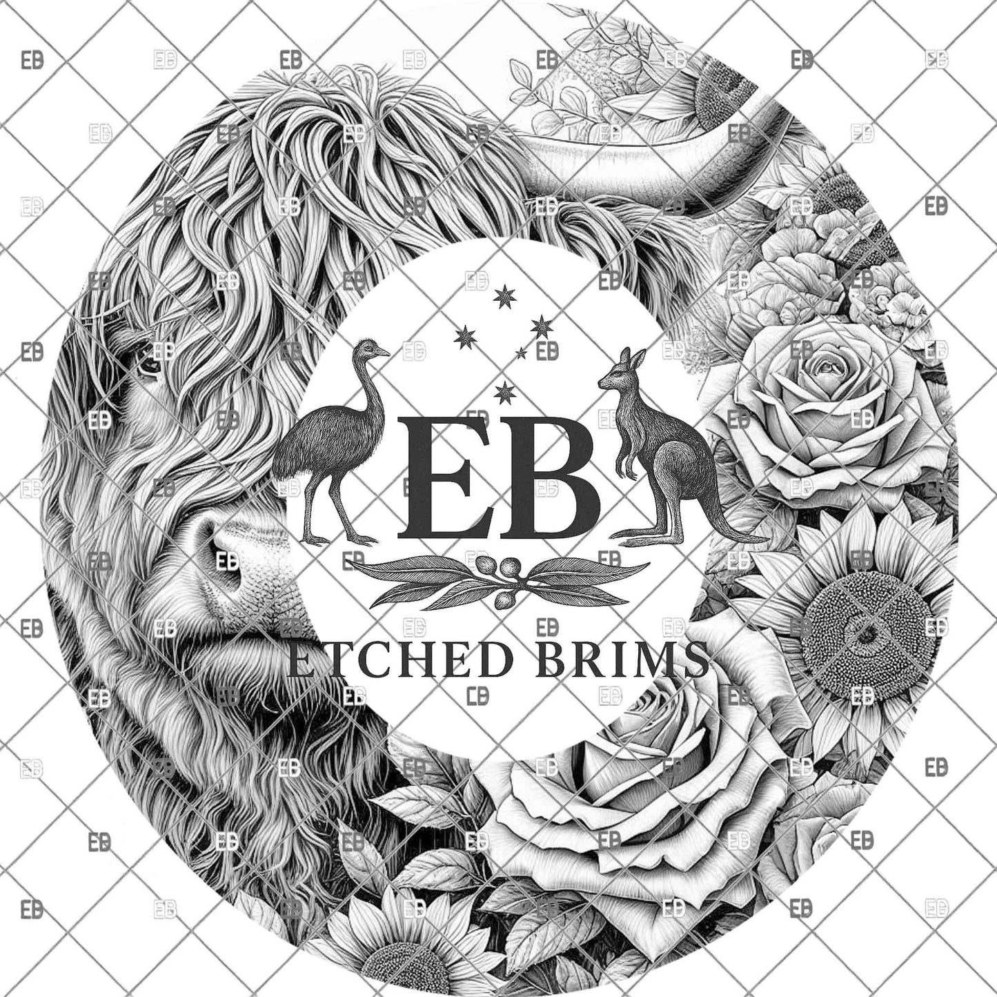 Highland Cow Roses & Sunflowers, Hat Burning Design, (PNG, PDF), Laser Engraving, Wide Brim Cowboy Hat, EB1135