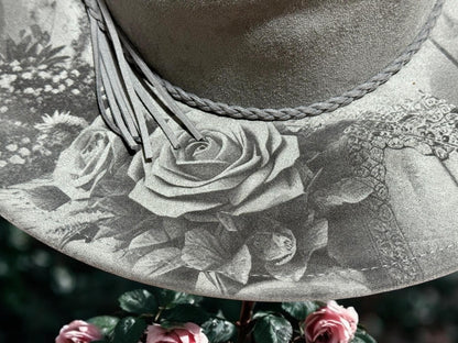 Eternal Bloom Engraved Hat – Sugar Skull & Floral Boho Design, Hand-Burned Brim, Western Boho Hat, Unique Festival Fashion