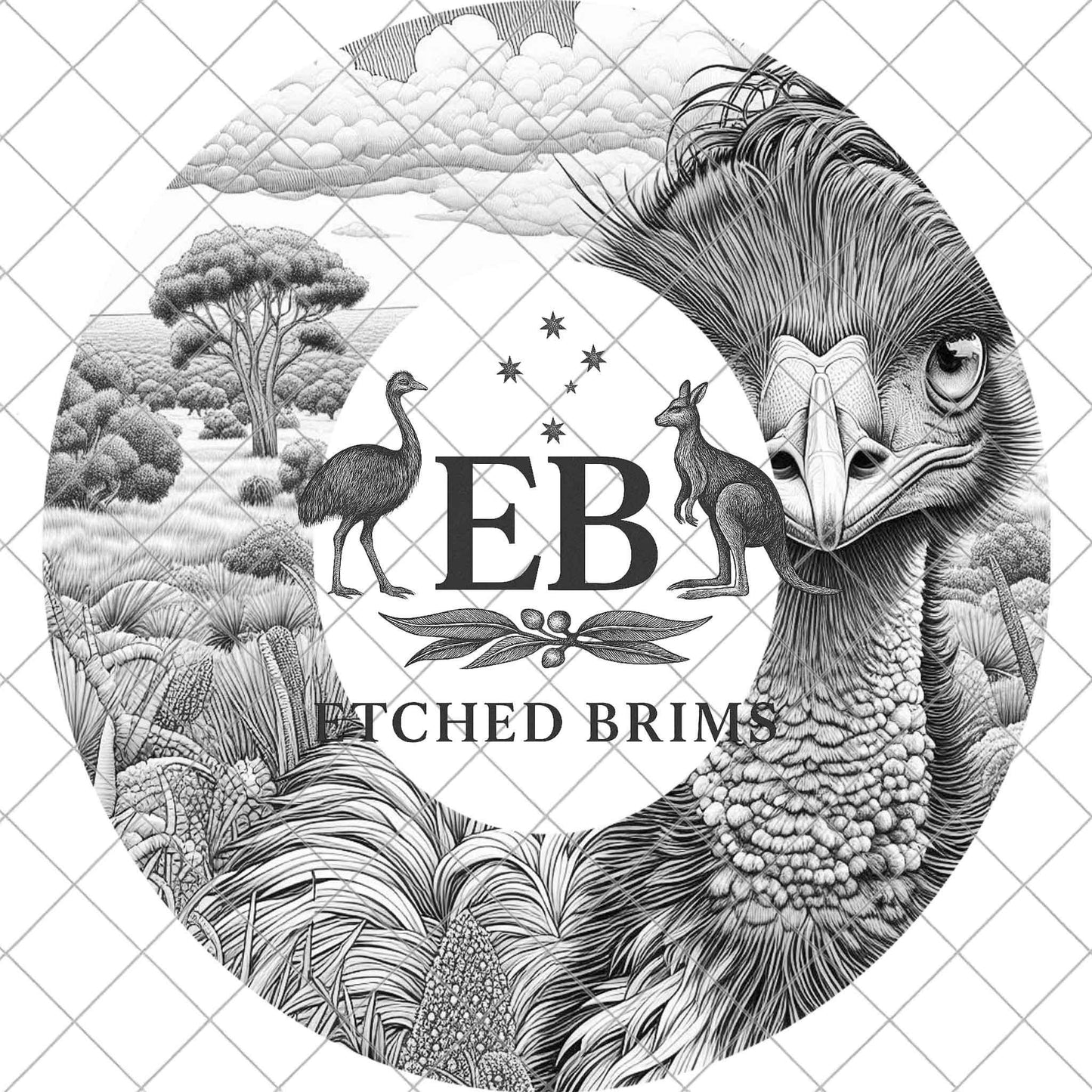 Emu 1 Australian Outback Emu Laser Hat Engraving Design, Bird & Bush Landscape Template for Wide-Brim Hats, EB893