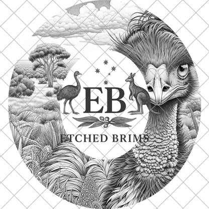 Emu 1 Australian Outback Emu Laser Hat Engraving Design, Bird & Bush Landscape Template for Wide-Brim Hats, EB893