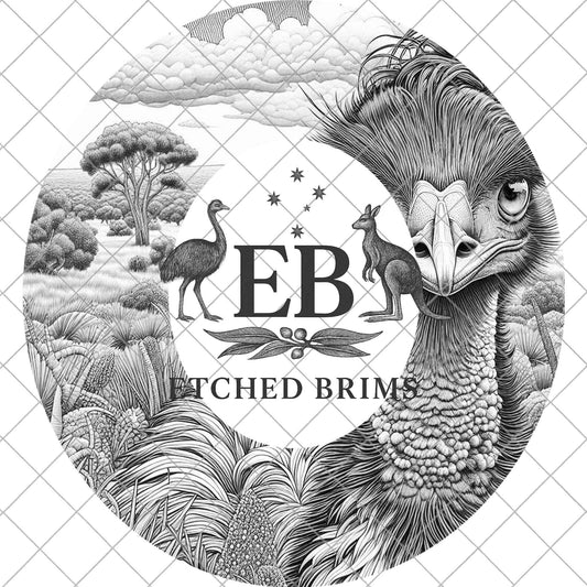Emu 1 Australian Outback Emu Laser Hat Engraving Design, Bird & Bush Landscape Template for Wide-Brim Hats, EB893
