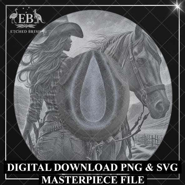 A digital download of a masterpiece file containing a detailed illustration of a woman in a cowboy hat riding a horse in a rural setting.