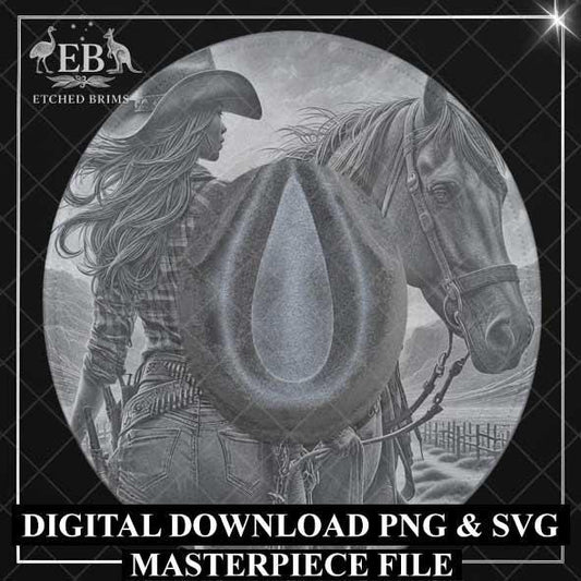 A digital download of a masterpiece file containing a detailed illustration of a woman in a cowboy hat riding a horse in a rural setting.