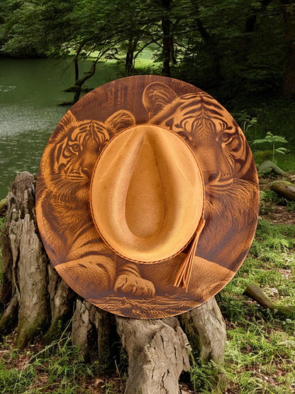 Whispers of the Wild – Laser Engraved Tiger Brim Hat,  Wide Brim Hat, Vegan Suede Fedora Hat, Laser Engraved, Cowboy Hat, Burned Fedora