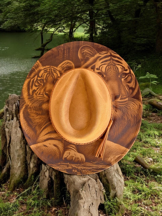 Whispers of the Wild – Laser Engraved Tiger Brim Hat,  Wide Brim Hat, Vegan Suede Fedora Hat, Laser Engraved, Cowboy Hat, Burned Fedora