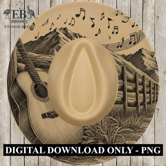 Country Music Guitar Mountains 1, Hat Burning Design, Wide Brim Hat Burning Template, Laser Hat Engraving Template, Printable Stencil, EB769