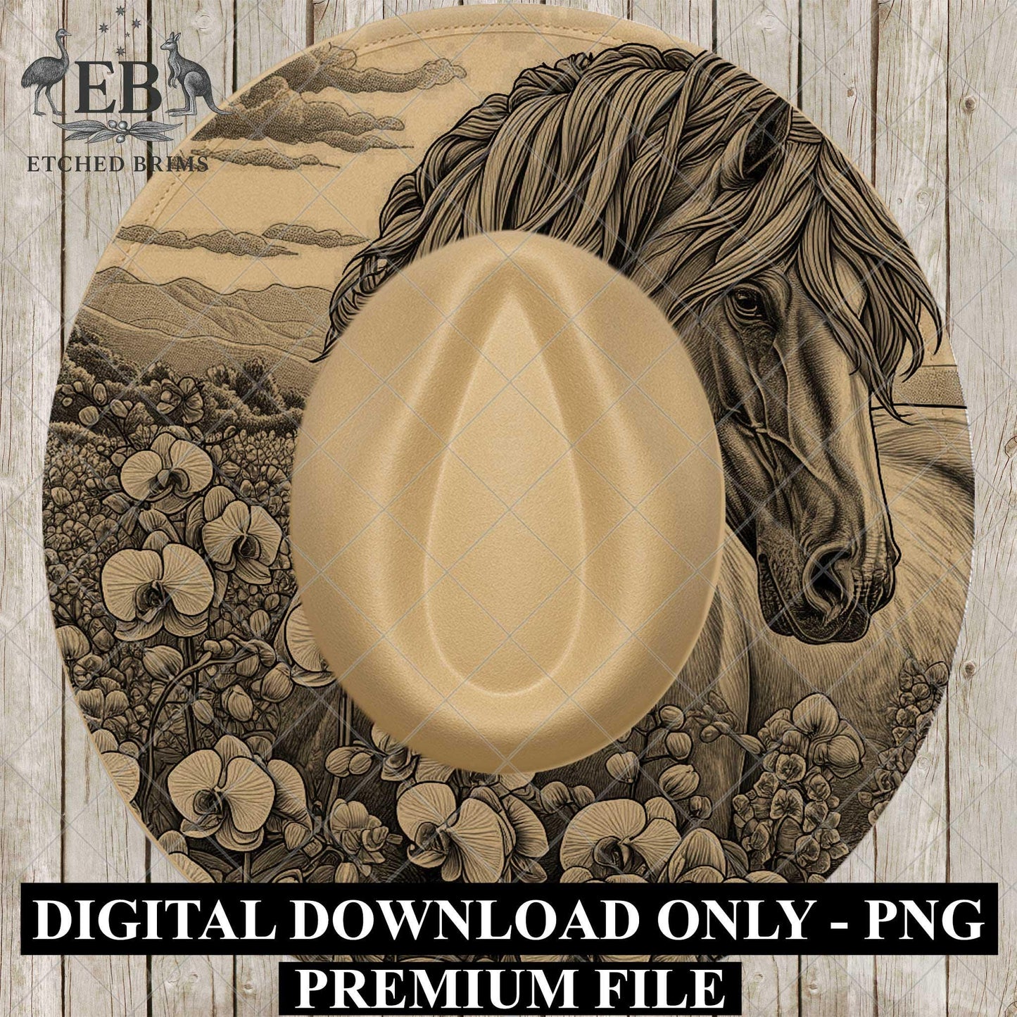 Horse & Orchid Flowers, Hat Burning Template for Wide Brim Hats. PNG for Laser Engraving and PDF Burning Stencil for Hand Burning, EB867