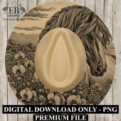 Horse & Orchid Flowers, Hat Burning Template for Wide Brim Hats. PNG for Laser Engraving and PDF Burning Stencil for Hand Burning, EB867