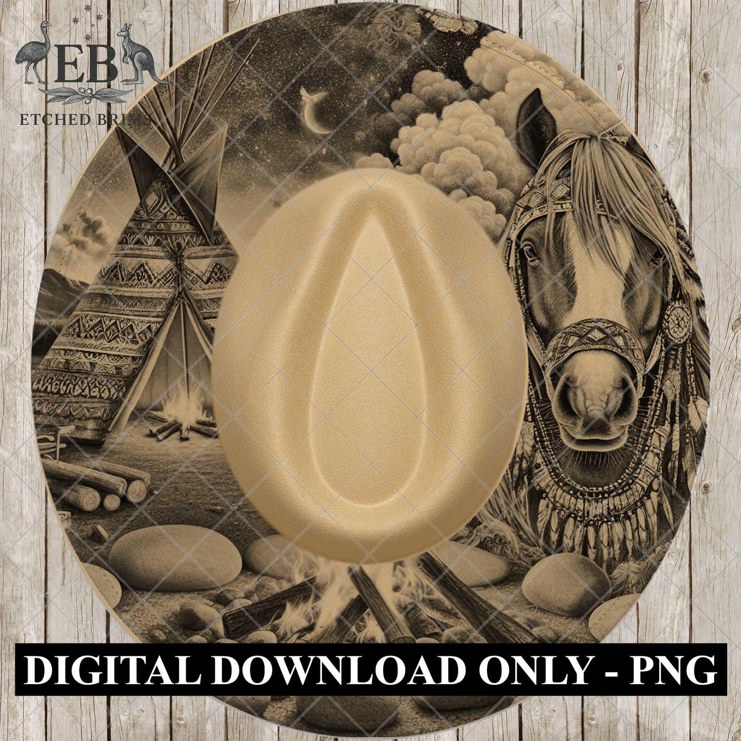 Indian Horse and Campfire, Hat Burning Template for Wide Brim Hats. PNG for Laser Engraving and PDF Moonlit Teepee Scene, EB954