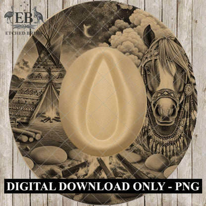 Indian Horse and Campfire, Hat Burning Template for Wide Brim Hats. PNG for Laser Engraving and PDF Moonlit Teepee Scene, EB954