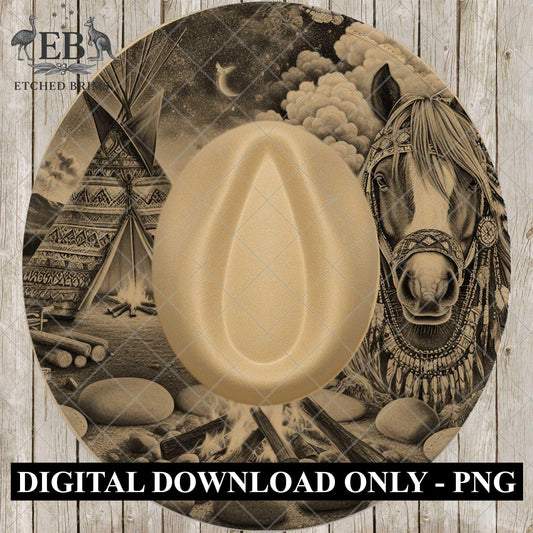 Indian Horse and Campfire, Hat Burning Template for Wide Brim Hats. PNG for Laser Engraving and PDF Moonlit Teepee Scene, EB954