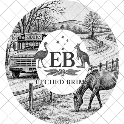 Horse & School Bus Hat Template, Laser Engraving PNG, Western Rural Brim Design for Hat Burning, EB1027