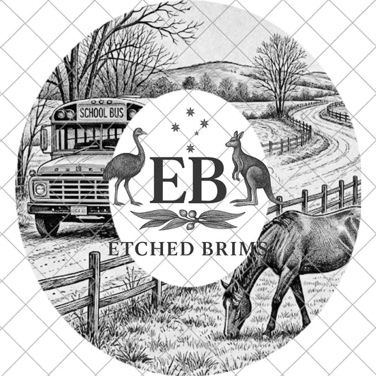 Horse & School Bus Hat Template, Laser Engraving PNG, Western Rural Brim Design for Hat Burning, EB1027