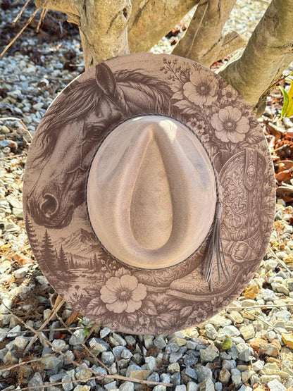 Horse and Western Boots Laser Engraved Hat – Rustic Western Brim | Cowboy Cowgirl Fedora