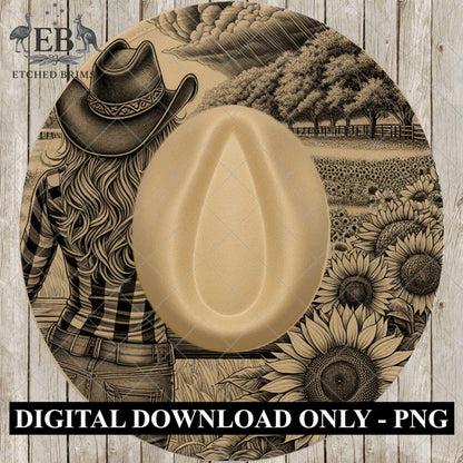 Cowgirl & Sunflowers 9, Hat Burning Design, Digital Download PNG, Hat Burning Template, Hat Laser Engraving Design, Printable Stencil, EB759