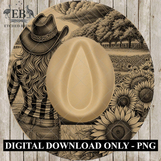 Cowgirl & Sunflowers 9, Hat Burning Design, Digital Download PNG, Hat Burning Template, Hat Laser Engraving Design, Printable Stencil, EB759