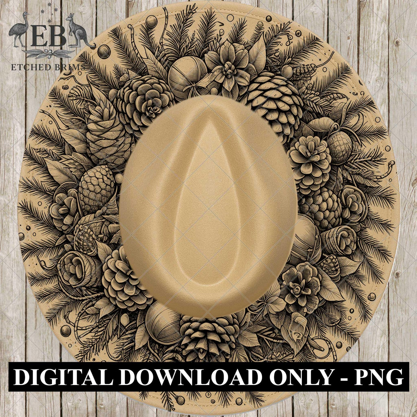 Christmas Wreath & Pinecones, Hat Burning Design, Festive Digital Download, Hat Burning Template, Wide Brim Hat Design, Hat Stencil, EB675
