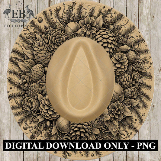 Christmas Wreath & Pinecones, Hat Burning Design, Festive Digital Download, Hat Burning Template, Wide Brim Hat Design, Hat Stencil, EB675