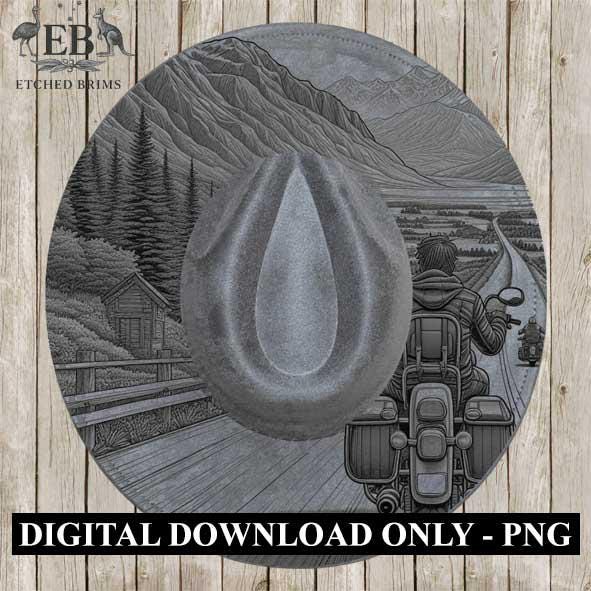 Motorbike 5, Motorcycle Riding, Western Hat Engraving, Faux Suede Wide Brim Hat, Laser Burned Brim, Boho Cowboy Style, Laser File EB275