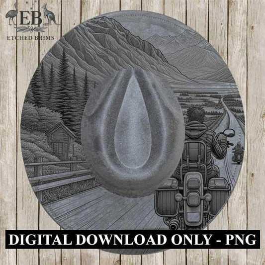 Motorbike 5, Motorcycle Riding, Western Hat Engraving, Faux Suede Wide Brim Hat, Laser Burned Brim, Boho Cowboy Style, Laser File EB275