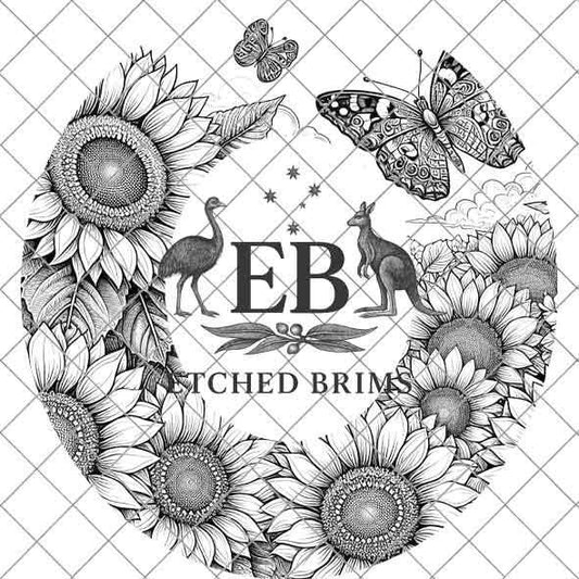 Sunflowers & Butterfly, Hat Burning Template, Hat Burning Stencil, Hat Laser Engraving Design, Wide Brim Hat, Printable Hat Template, EB578