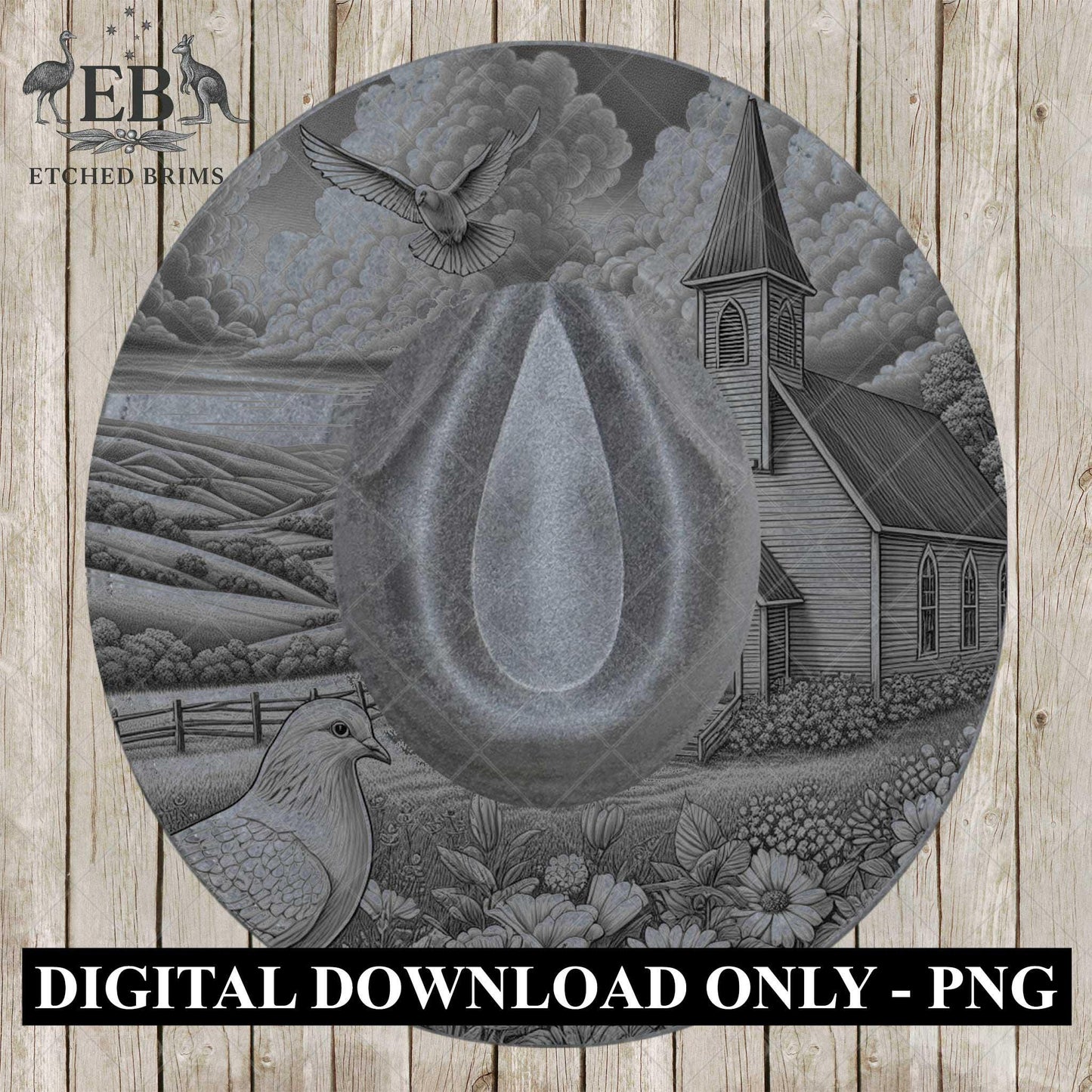 Country Church & Wildflowers, Hat Burning Design, Religious Faith, Digital Download PNG, Laser Engraving Design, Wide Brim Hat File, EB661