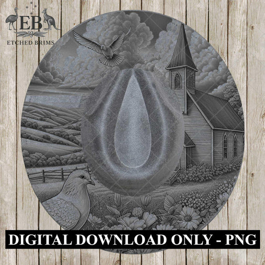 Country Church & Wildflowers, Hat Burning Design, Religious Faith, Digital Download PNG, Laser Engraving Design, Wide Brim Hat File, EB661