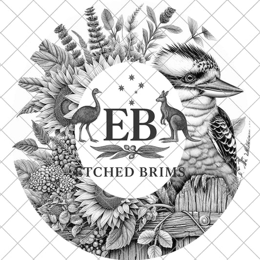 Australian Kookaburra Hat Burning Design, Sunflowers, Lavender, Wide Brim Laser Hat Template, PDF & PNG, EB1100
