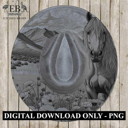 Horse & Wildflowers 11, Mountain Design, Laser Hat Burning Design, Digital Download PNG, Hat Burning Template, Wide Brim Hat File, EB368