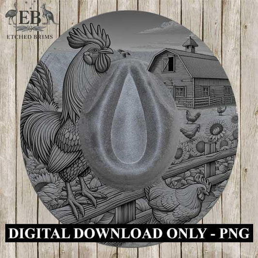 Rooster & Sunflowers 5, Farm Rooster Design, Laser Hat Burning Design, Digital Download PNG, Hat Burning Template, Wide Brim Hat File, EB195
