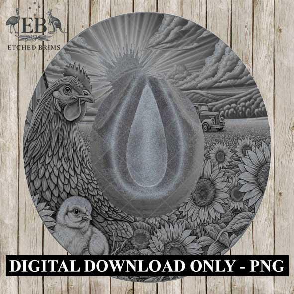 Chicken & Sunflowers, Hat Burning Design, Digital Download PNG, Hat Burning Templates, Laser Engraving Design, Hat Burning Stencils, EB504