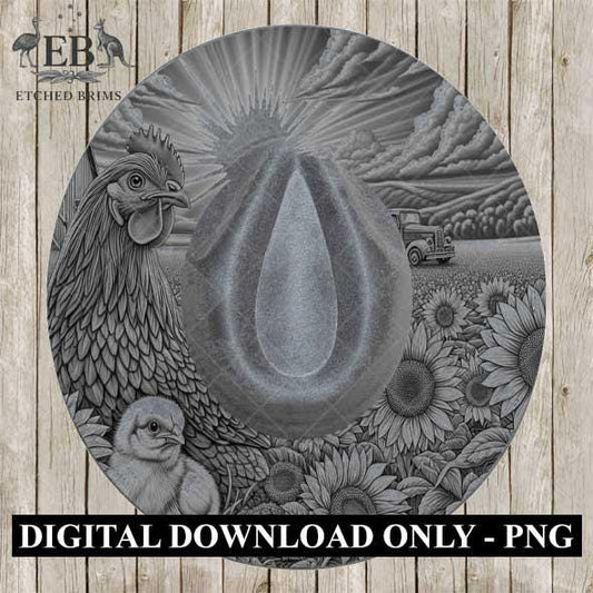 Chicken & Sunflowers, Hat Burning Design, Digital Download PNG, Hat Burning Templates, Laser Engraving Design, Hat Burning Stencils, EB504