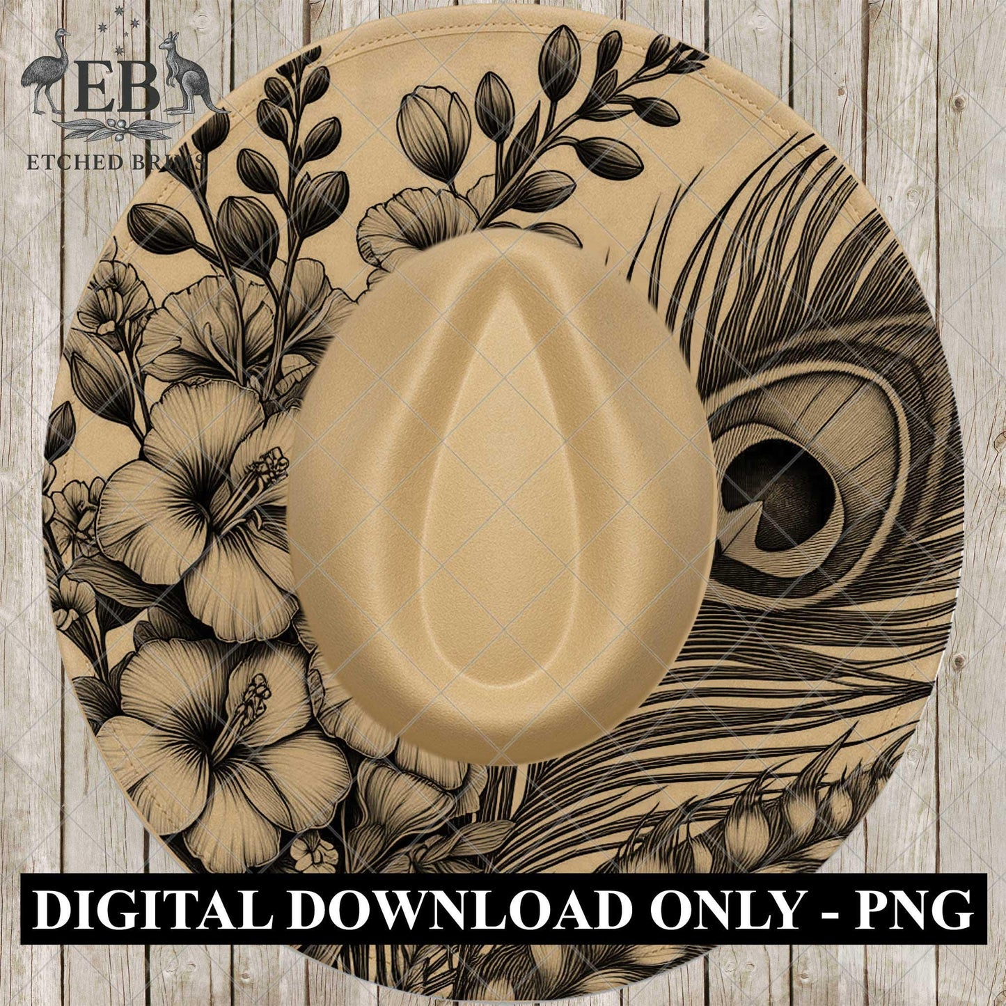 Larkspur Peacock Feather Hat Burning Design, Laser Engraving PNG, Cowboy Hat File, EB1033