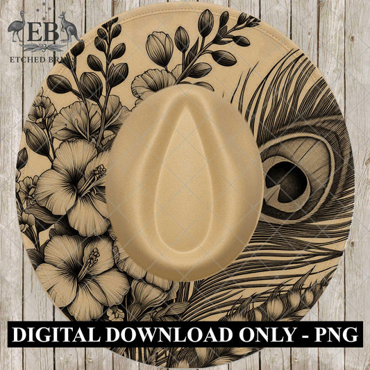 Larkspur Peacock Feather Hat Burning Design, Laser Engraving PNG, Cowboy Hat File, EB1033
