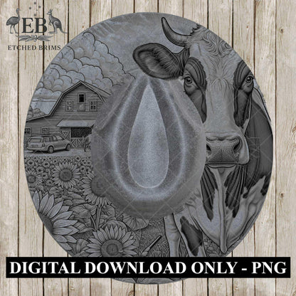 Farm Dairy Cow and Sunflowers 2, Hat Burning Design, Digital Download PDF & PDF Hand Burning, Wide Brim Hat, Printable Hat Template, EB611