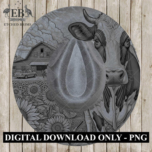 Farm Dairy Cow and Sunflowers 2, Hat Burning Design, Digital Download PDF & PDF Hand Burning, Wide Brim Hat, Printable Hat Template, EB611